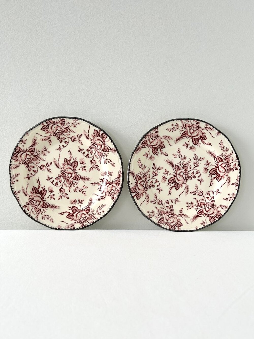 2 WOOD & SONS Pink Colonial Rose 8” Plates Salad Dessert Scalloped England